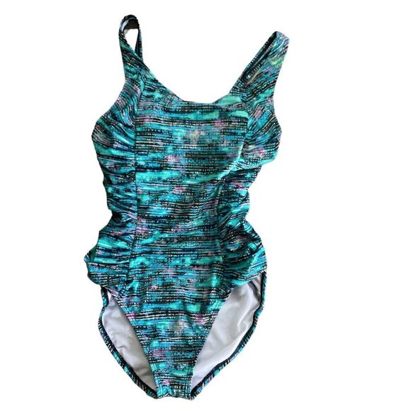 Speedo Sz 10 One Piece Ruched Swimsuit Blue Green Purple Black 11R - Picture 1 of 8